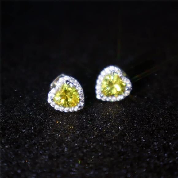 Yellow Heart Halo Stud Earrings Cubic Zirconia Simulated Diamond Jewelry - Picture 5 of 7